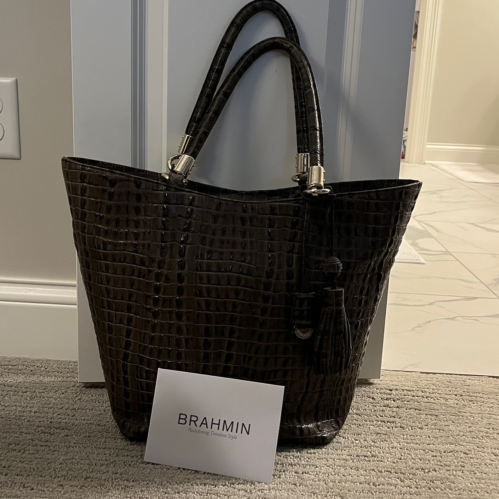Elegant Brahmin grey Crocodile-Embossed Tote Bag